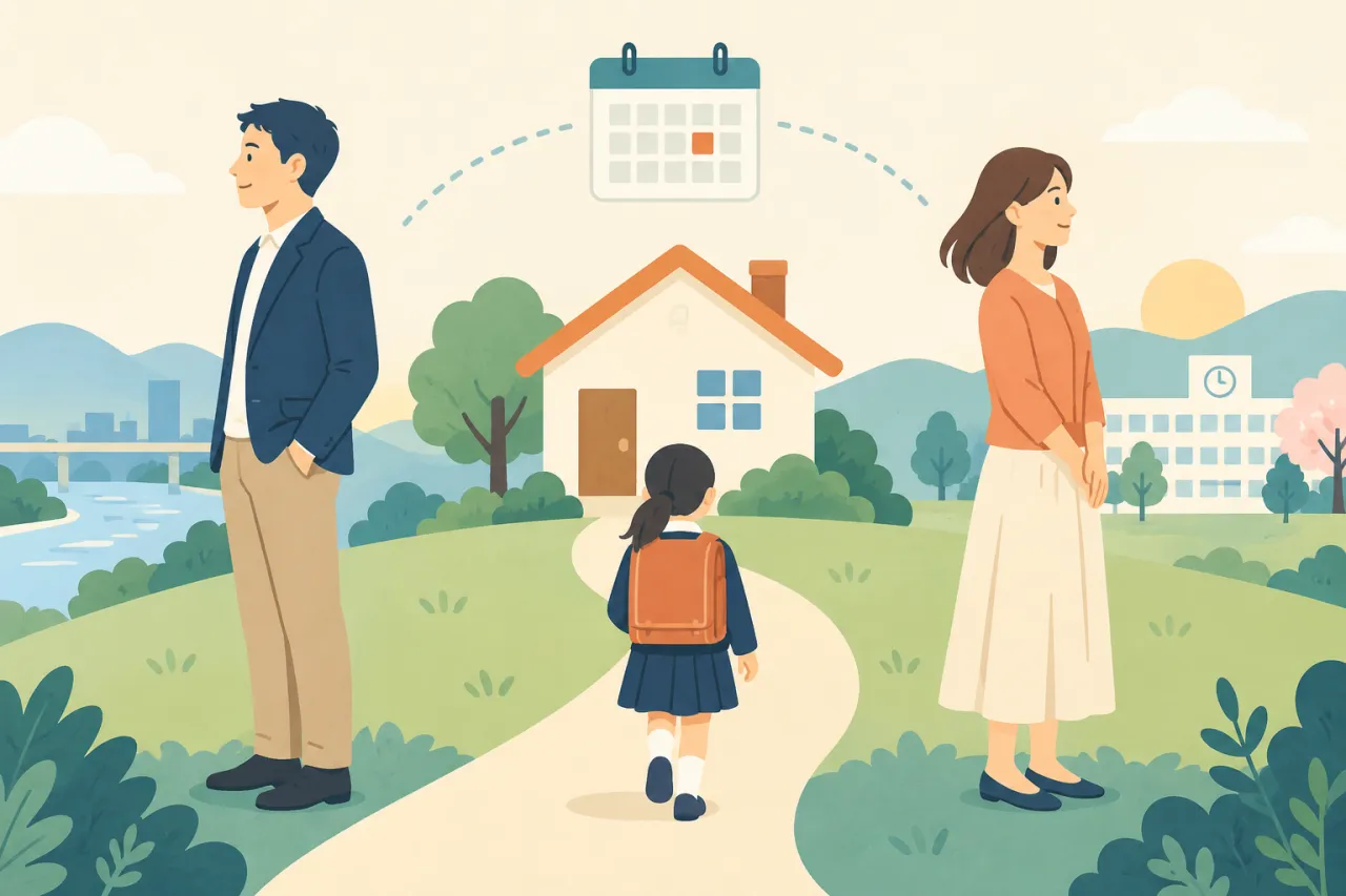 離婚に伴う家の売却と子どもの転校準備を表した説明用イラスト。実在の家族や物件、事例ではありません。