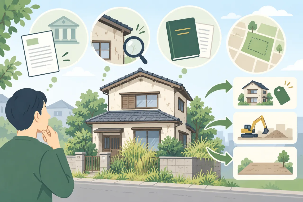 空き家の行政通知、建物の状態、所有関係を確かめ、売却方法を整理する流れを描いた説明用イラスト。実在の物件や相談事例ではありません。