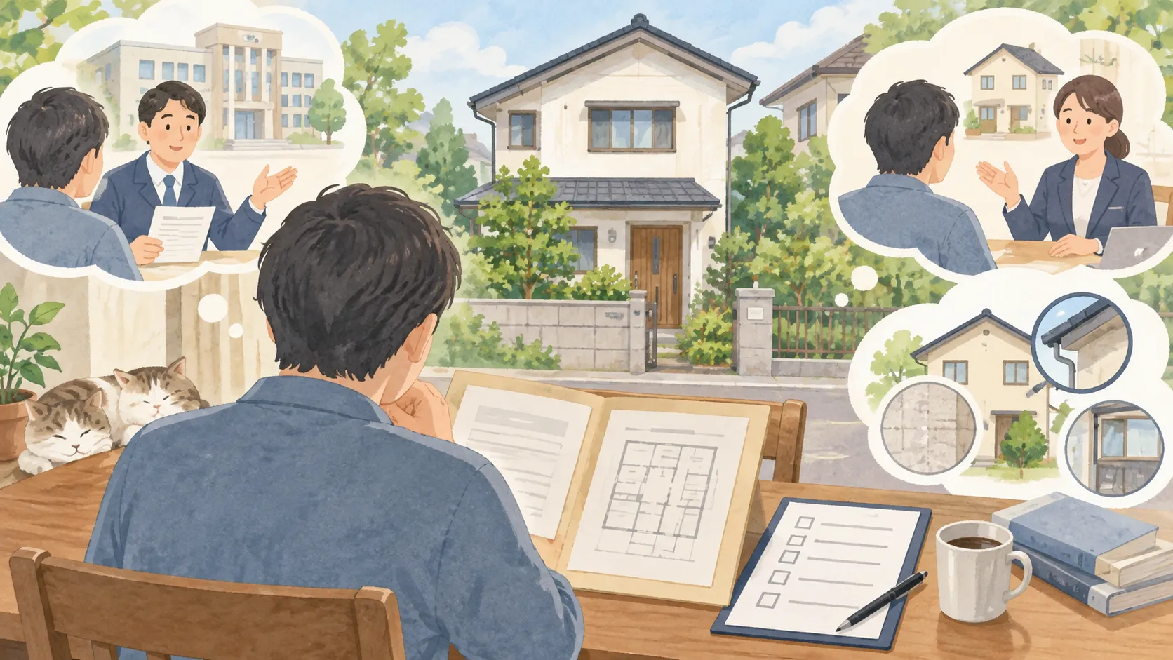 戸建ての建築記録や図面を確認し、専門家への相談と売却方法を検討する様子を描いた生成イラスト。実在の物件や相談者ではありません。