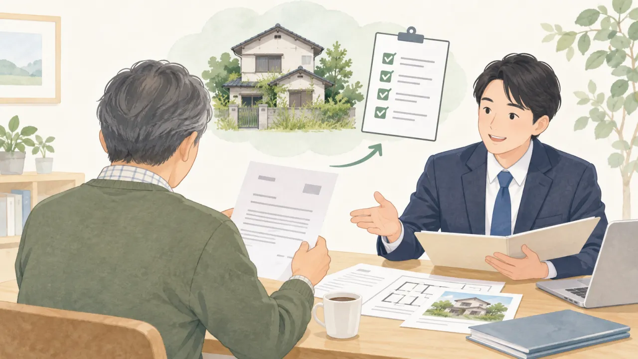 空き家の通知を確認する所有者と相談員の生成イラスト。実在の人物・物件・相談事例ではありません。