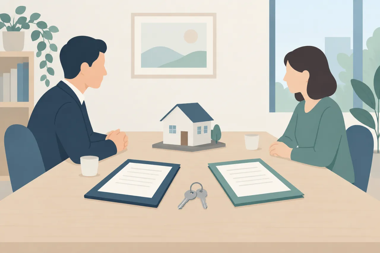 離婚に伴う自宅売却について、書類と家の模型を前に話し合う二人を描いた生成イラスト