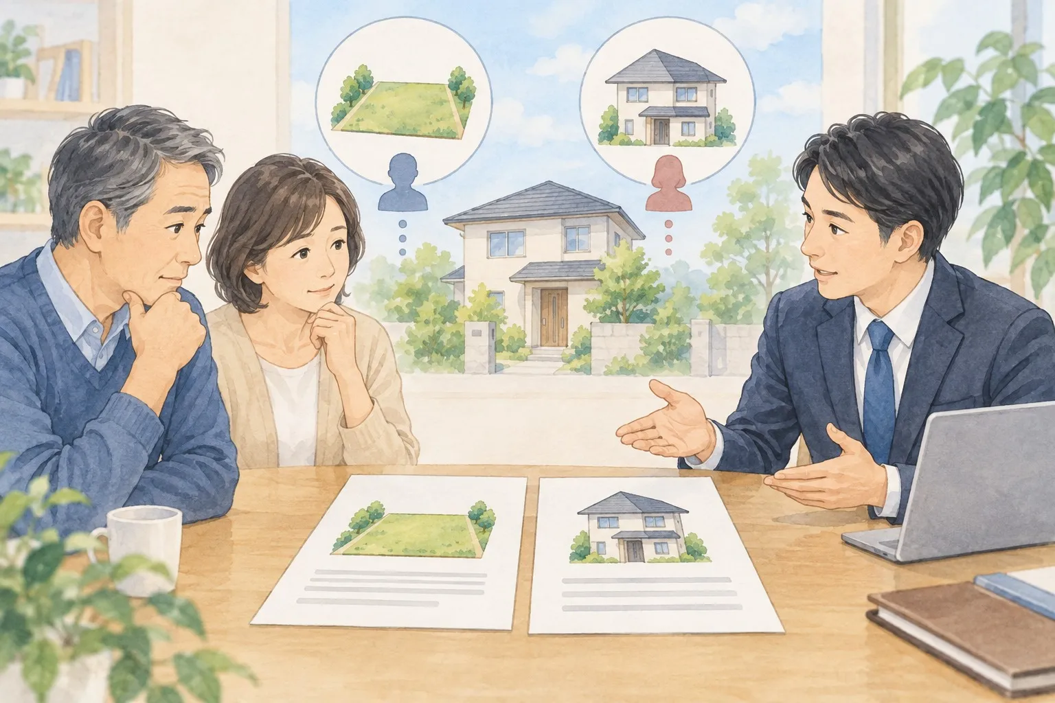 土地と建物の名義が異なる不動産の売却相談を描いた生成イラスト。実在の物件・顧客・取引を撮影した写真ではありません。