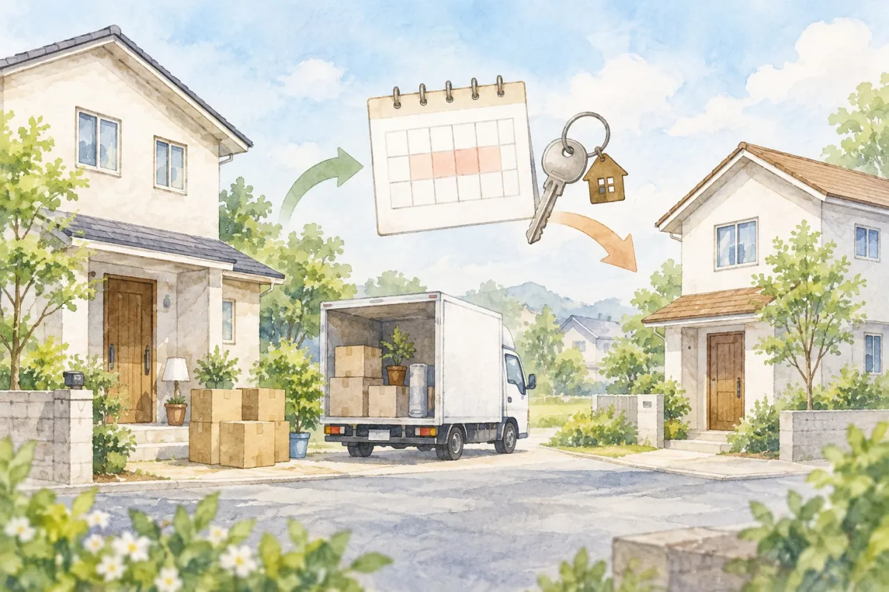 住み替えに伴う引渡し猶予を検討する流れを描いた生成イラスト。実在の物件・顧客・取引を撮影した写真ではありません。