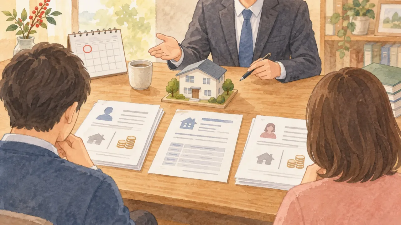 離婚時の家の固定資産税と売却時の精算を、書類と家の模型で表した生成イラスト。実在の人物・物件・相談事例ではありません。
