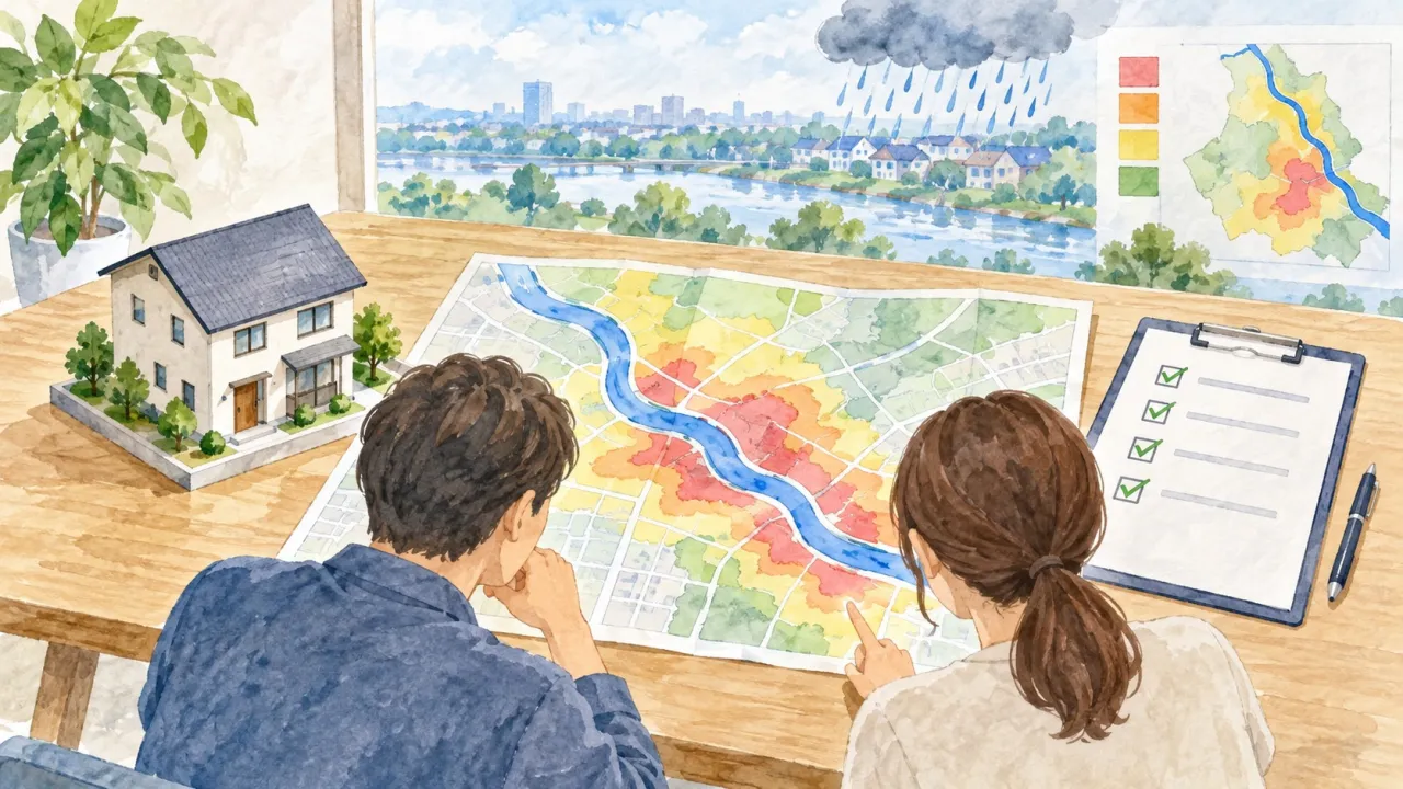 浸水想定とハザードマップを確認する様子を描いた生成イラスト。実在の物件・人物・被害事例ではありません。