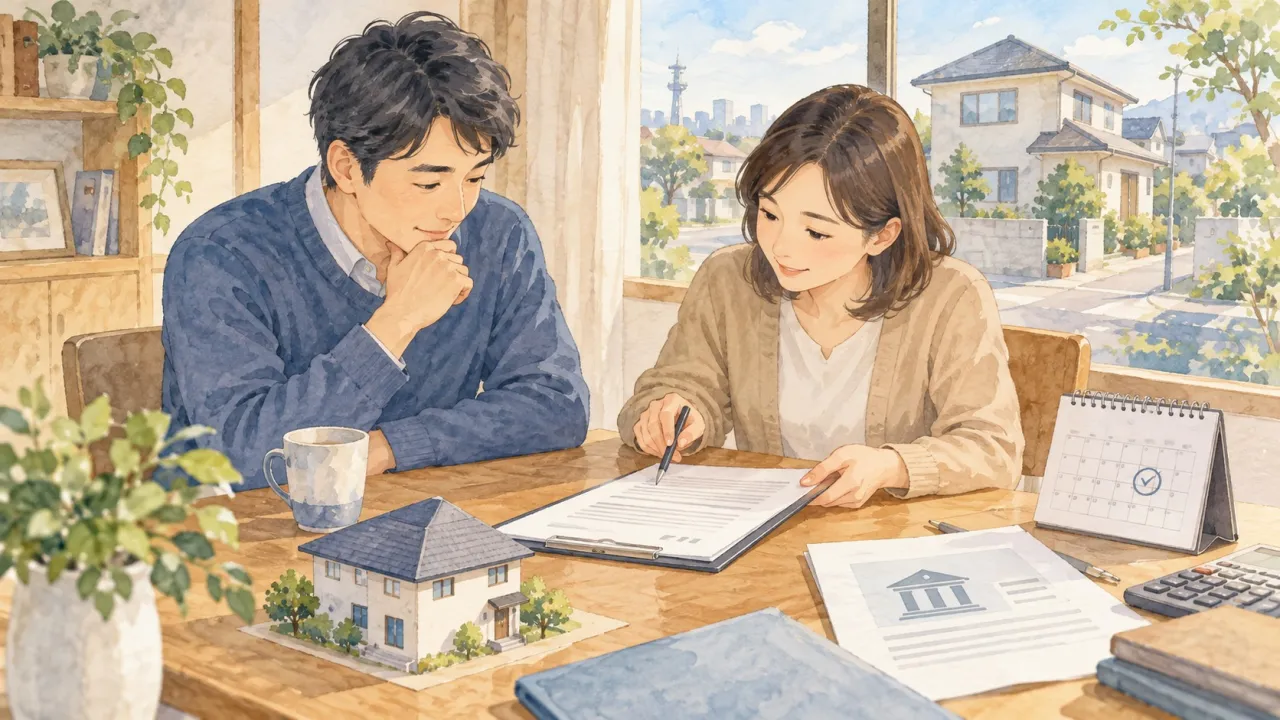 春日部市の家の売却で買主の住宅ローン特約と日程を確認する様子を描いた生成イラスト