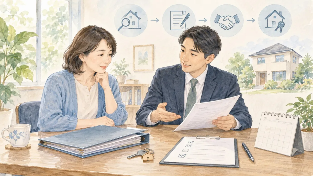 家の売却で査定から契約・決済までの担当と書類を確認する生成イラスト