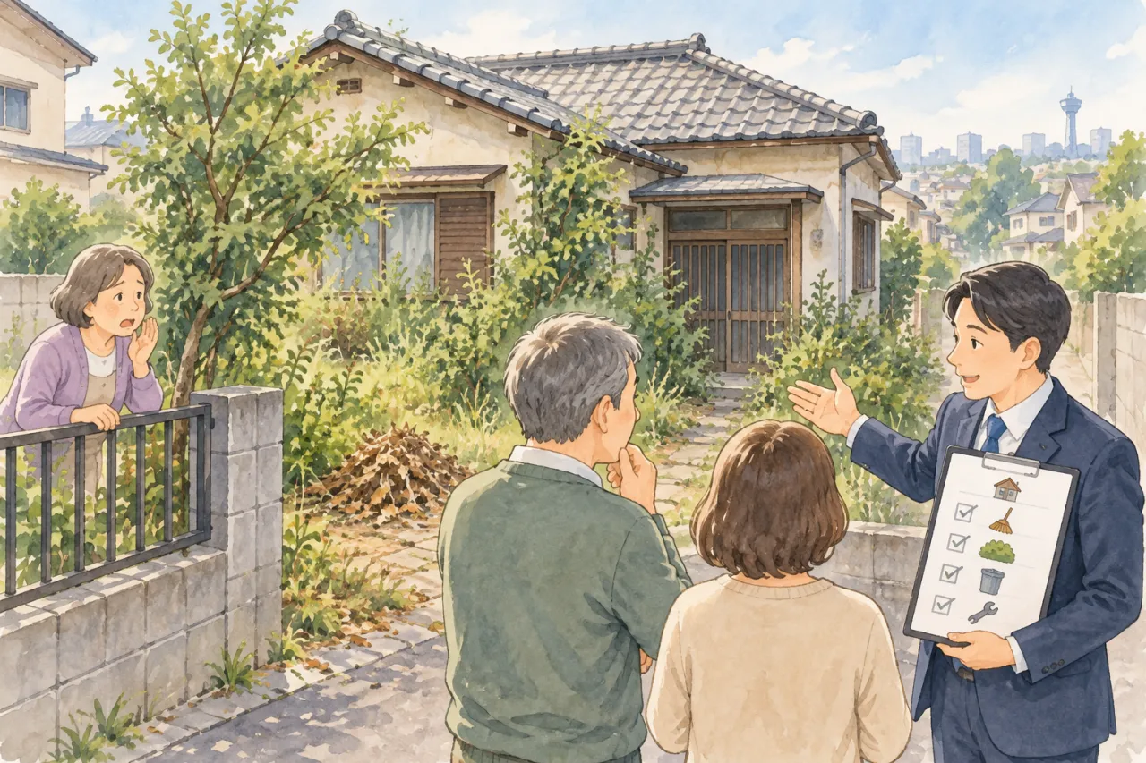 空き家の庭木や建物を確認し近隣からの苦情に対応する場面を描いた生成イラスト
