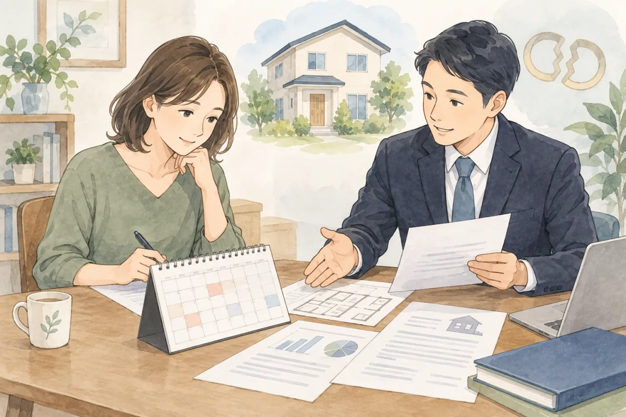 離婚後の家売却と税金の資料を整理する場面を描いた生成イラスト